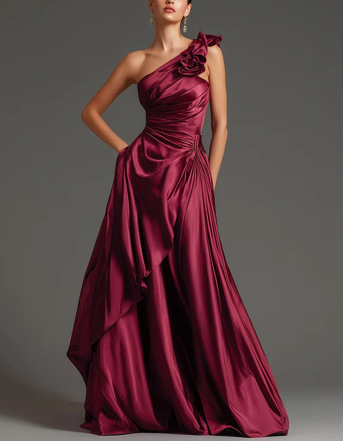 Rochie maxi burgundy din satin cu un umăr gol