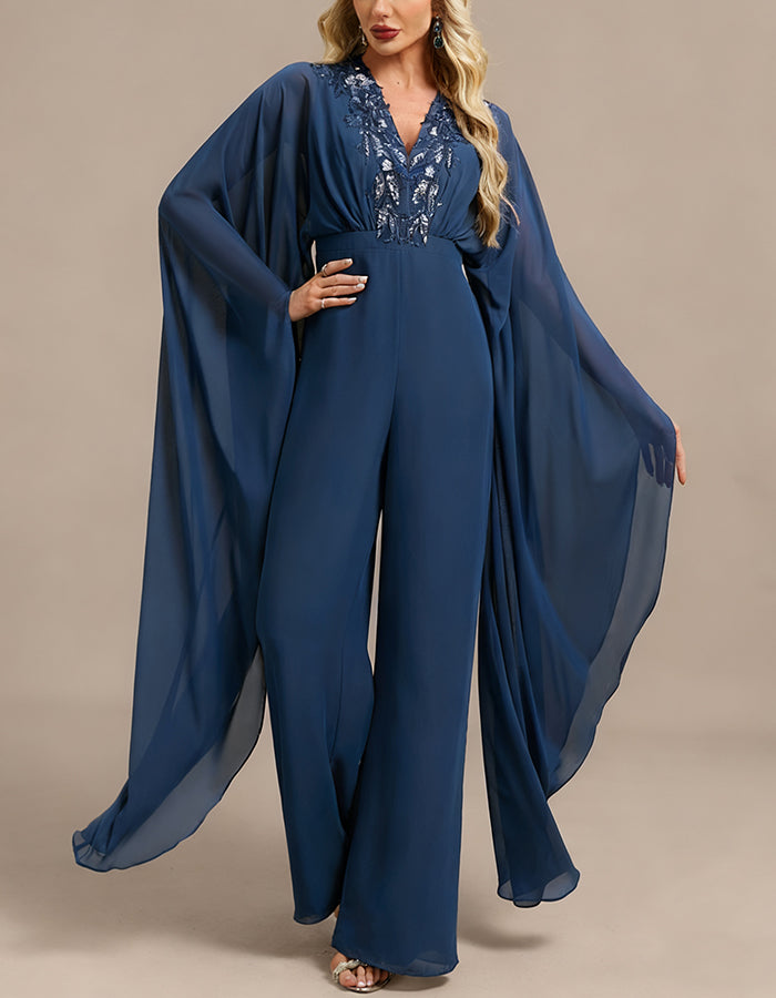 Blauer Chiffon-Overall mit V-Ausschnitt