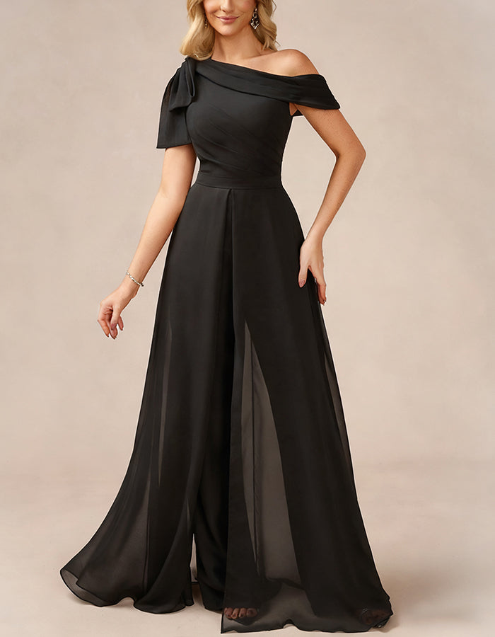 Zwarte een schouder chiffon jumpsuit