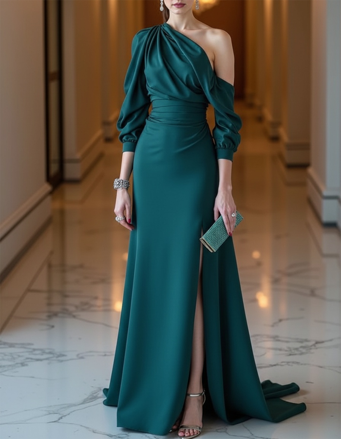 Rochie maxi de seară din satin, drapată, cu un umăr gol