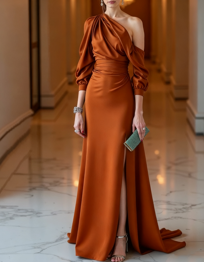 Rochie maxi de seară din satin, drapată, cu un umăr gol