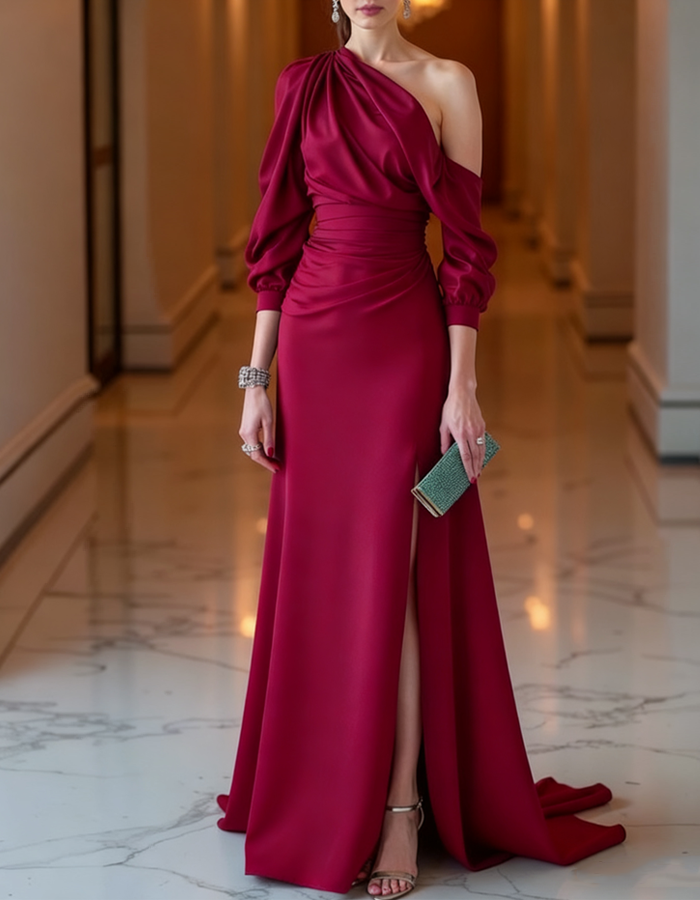 Rochie maxi de seară din satin, drapată, cu un umăr gol