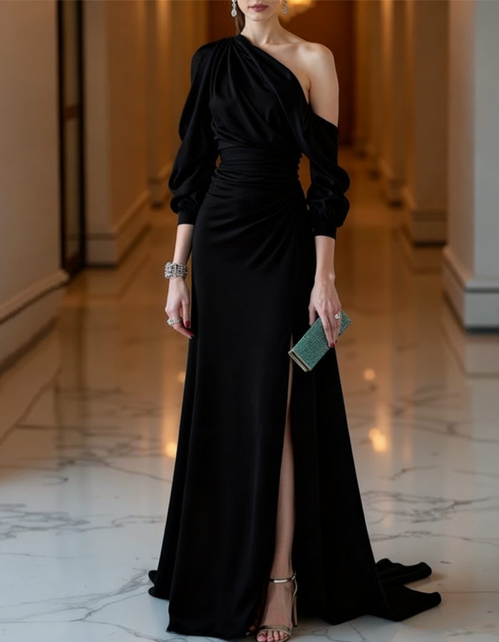 Rochie maxi de seară din satin, drapată, cu un umăr gol