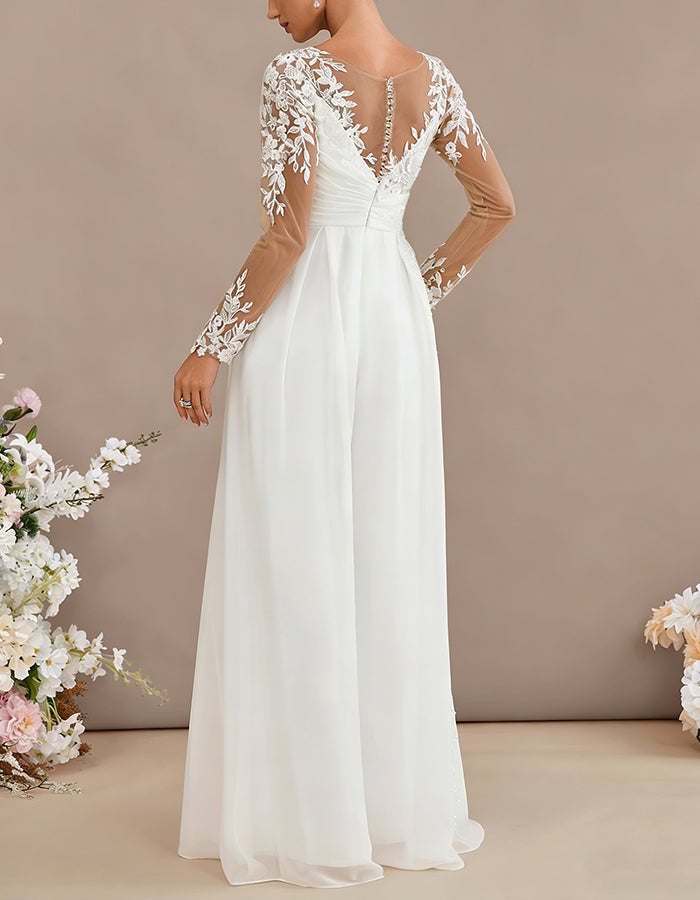 Macacão de Chiffon Branco com Renda