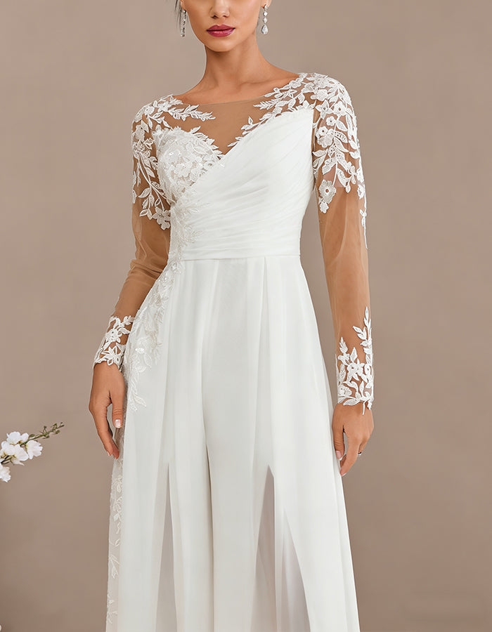 Macacão de Chiffon Branco com Renda