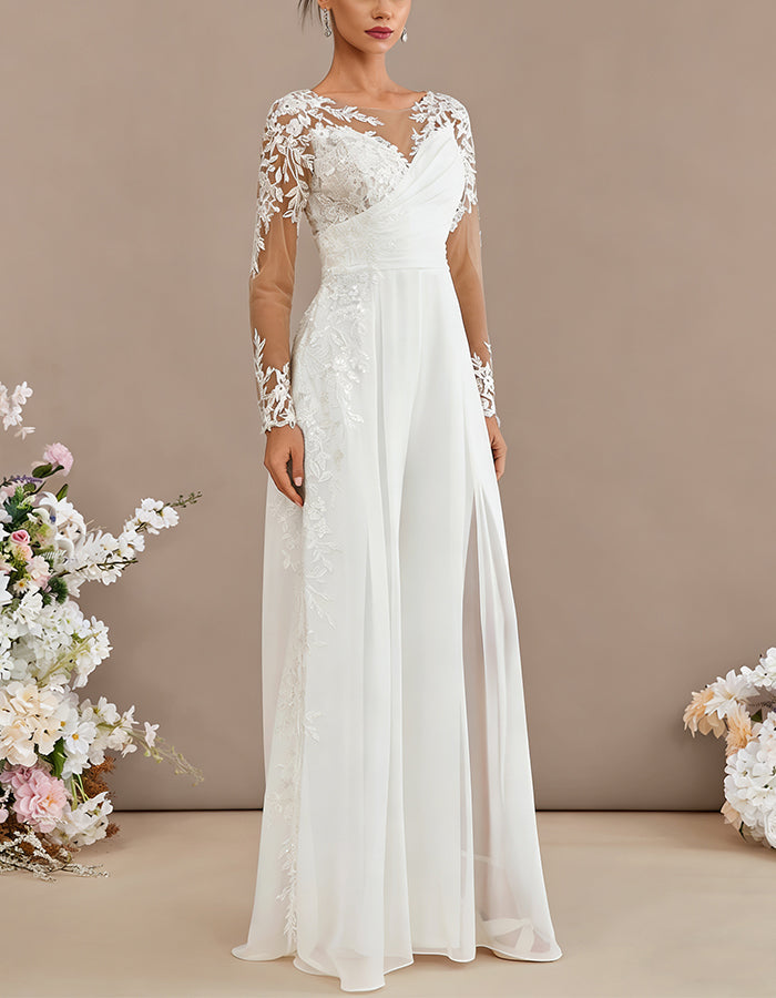 Macacão de Chiffon Branco com Renda
