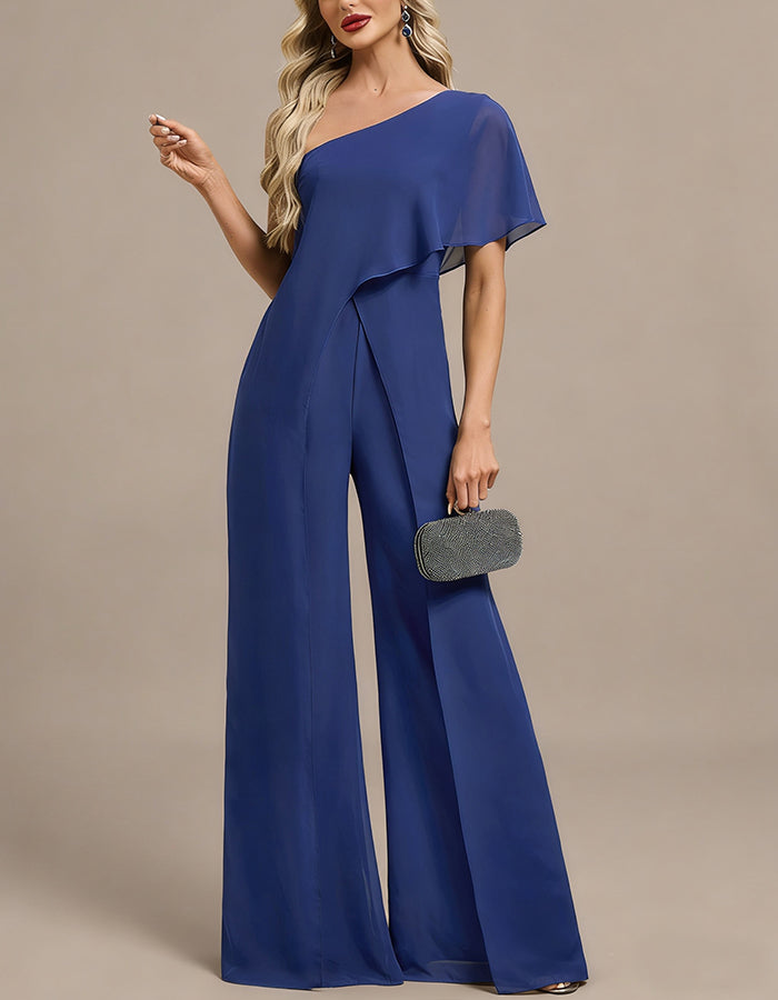 Koningsblauwe chiffon een schouder jumpsuit