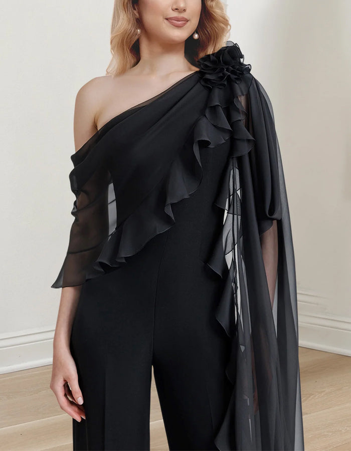 Tuta tinta unita in chiffon con una spalla e fiori 3D