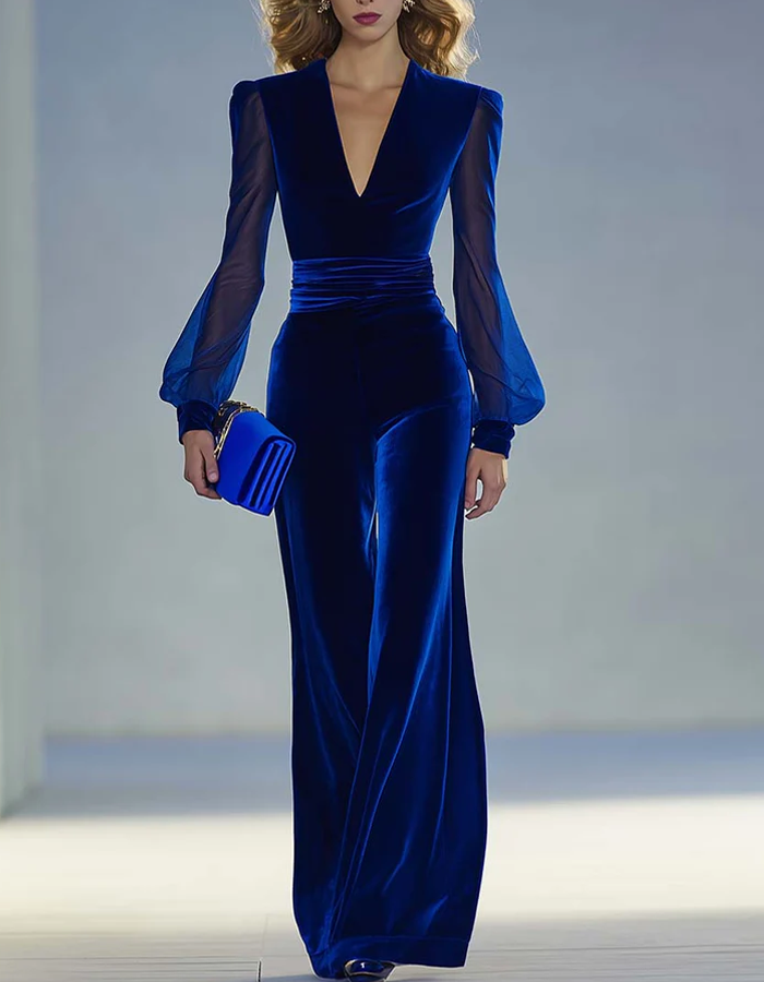Fluwelen jumpsuit met tule mouwen en wijde pijpen