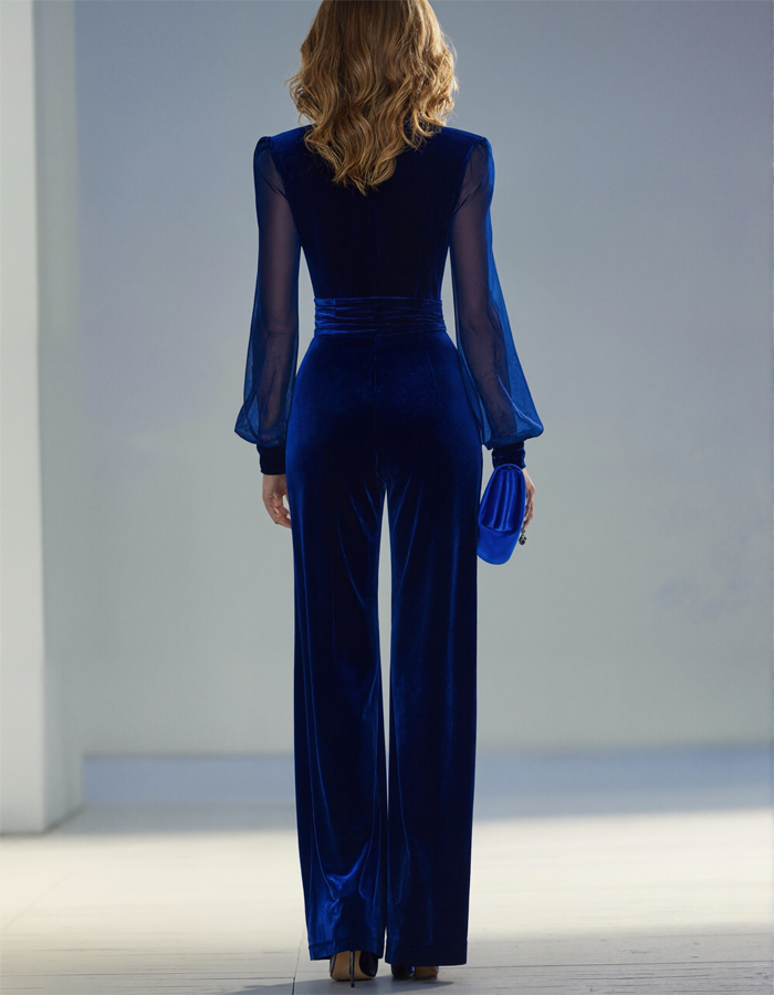 Jumpsuit mit Samt-Tüllärmeln und weitem Bein