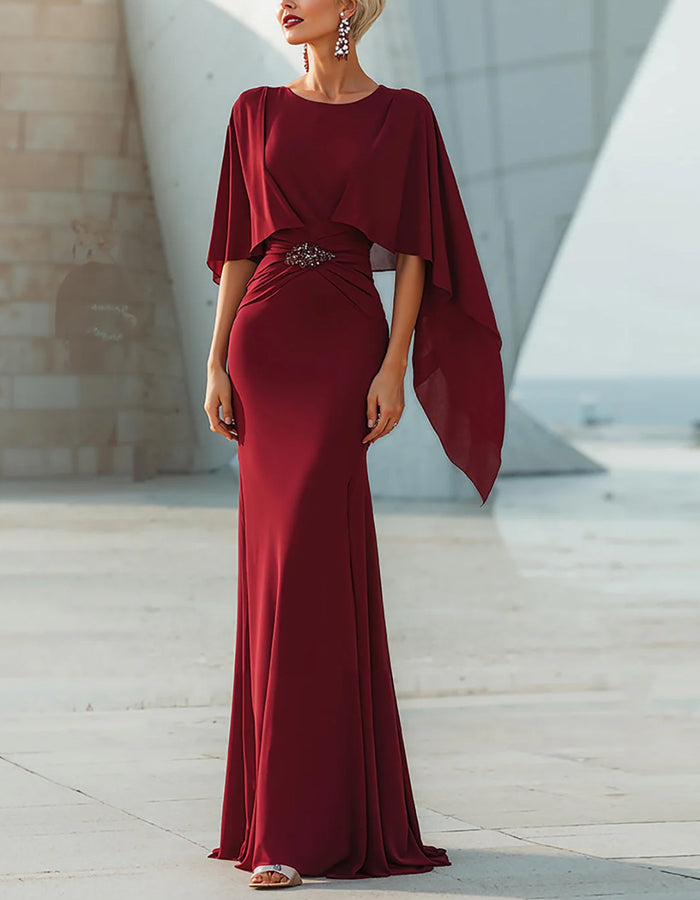 Abito lungo in chiffon bordeaux con scollo rotondo