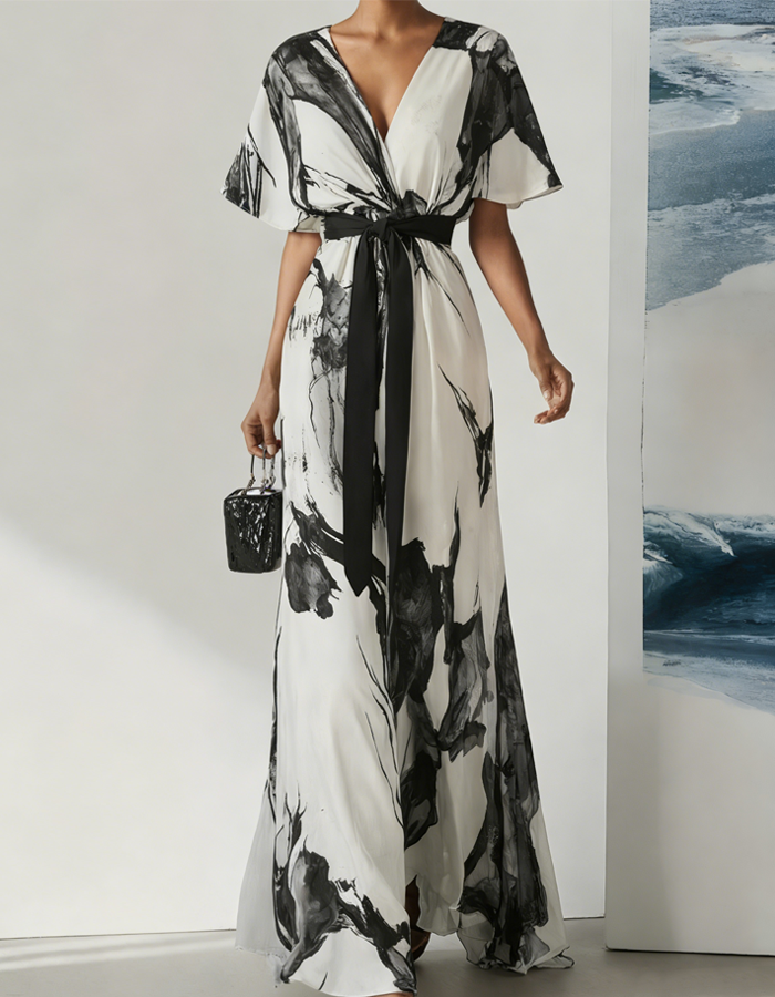 Rochie maxi modernă cu pictură abstractă în cerneală