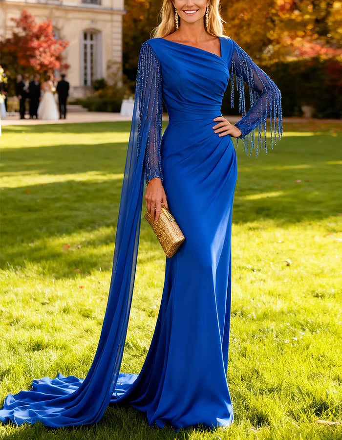 Königsblaues Maxikleid mit Falten und Schalkragen
