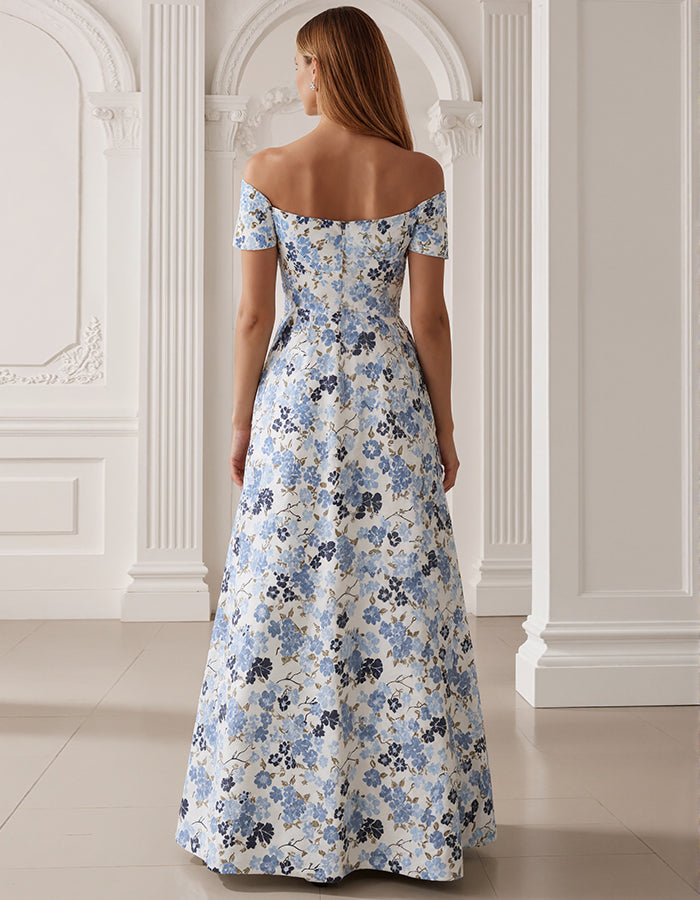 Blauwe bloemen off-shoulder maxi-jurk