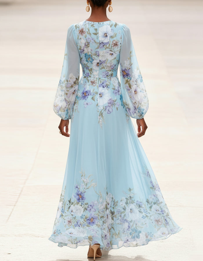 Vestido Maxi de Chiffon Azul Claro com Estampa e Decote em V