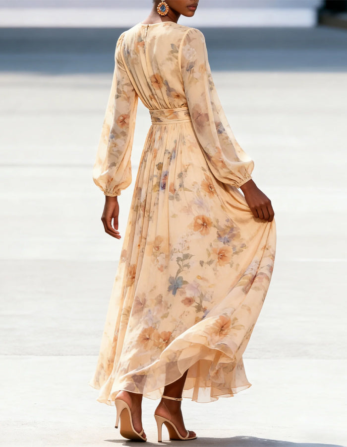 Vestido Maxi de Chiffon com Estampa, Mangas Compridas e Decote em V Cor Damasco