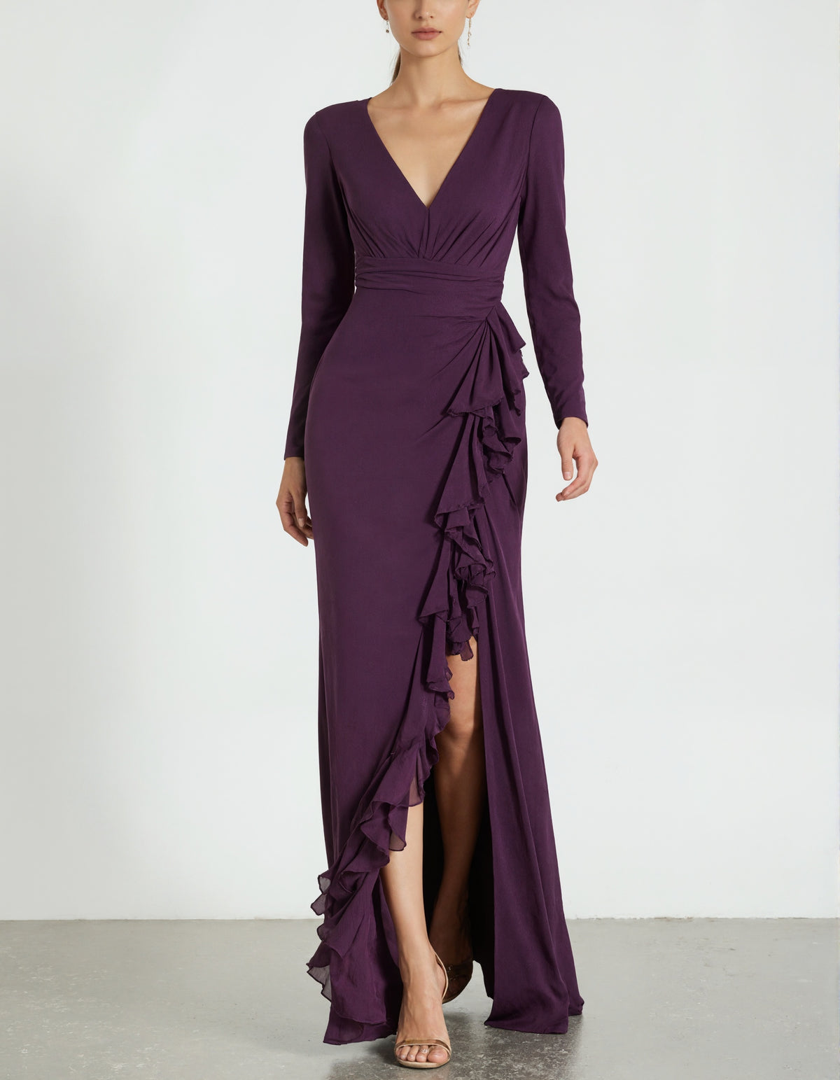 Lila V-Ausschnitt langärmliges figurbetontes Maxikleid  