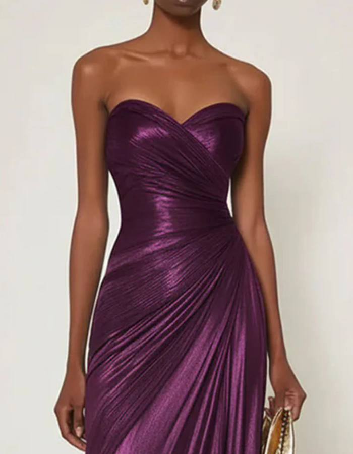 Vestido Maxi Plissado de Cetim Sem Alças