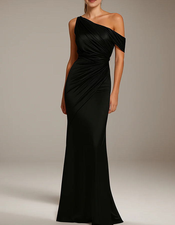 Satin One-Shoulder Pleated Maxi Dress