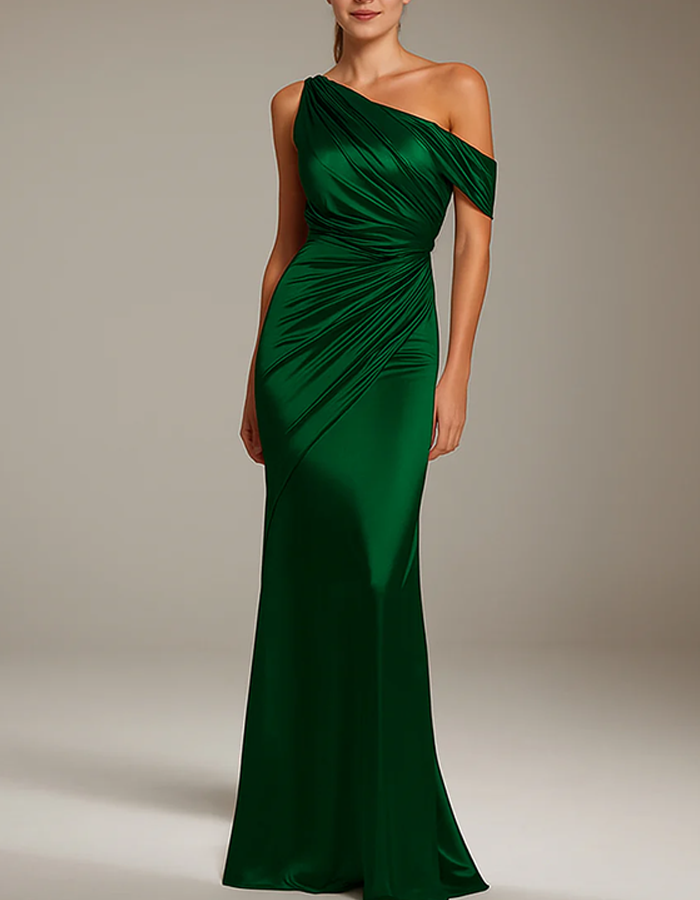Satin One-Shoulder Pleated Maxi Dress