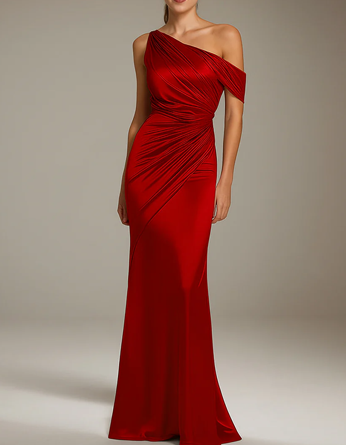 Satin One-Shoulder Pleated Maxi Dress