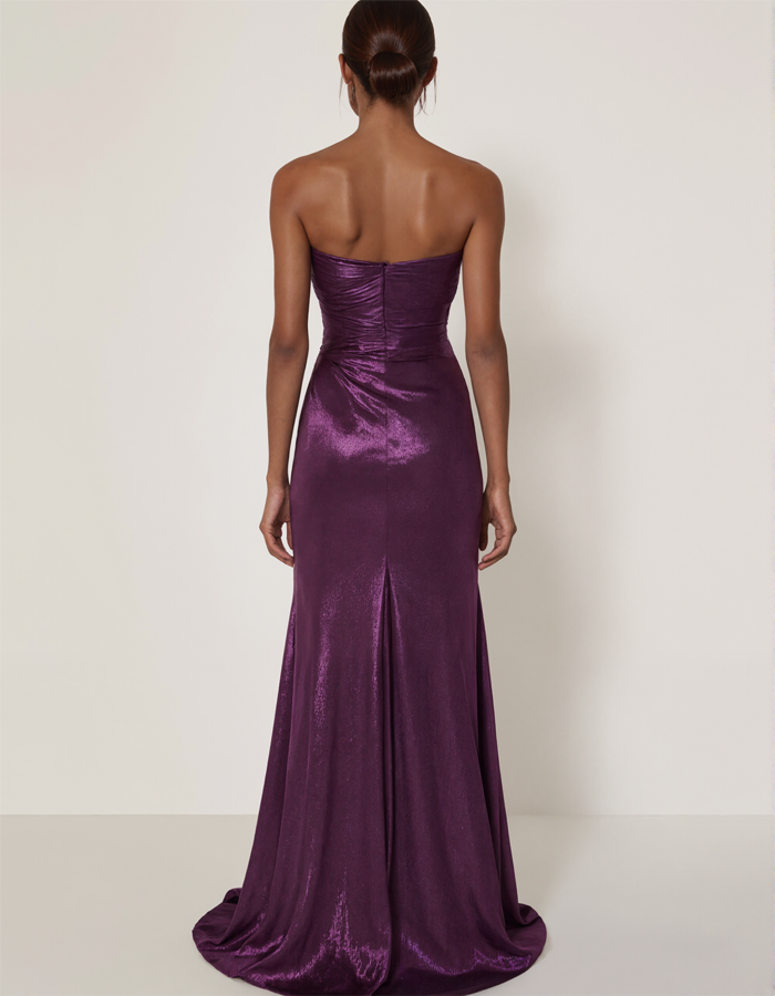 Vestido Maxi Plissado de Cetim Sem Alças