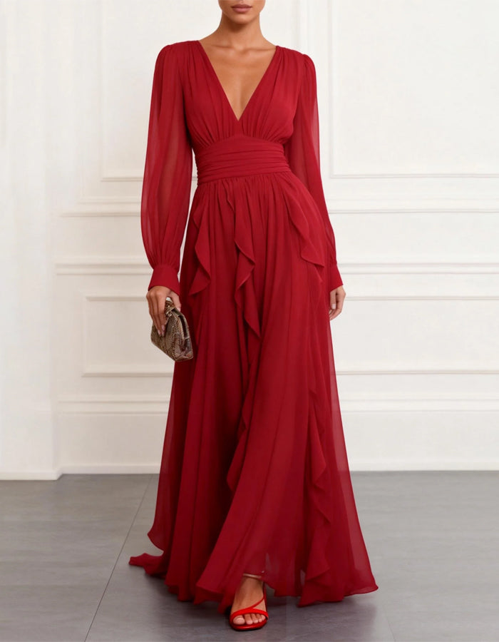 Abito lungo rosso in chiffon con scollo a V e maniche lunghe