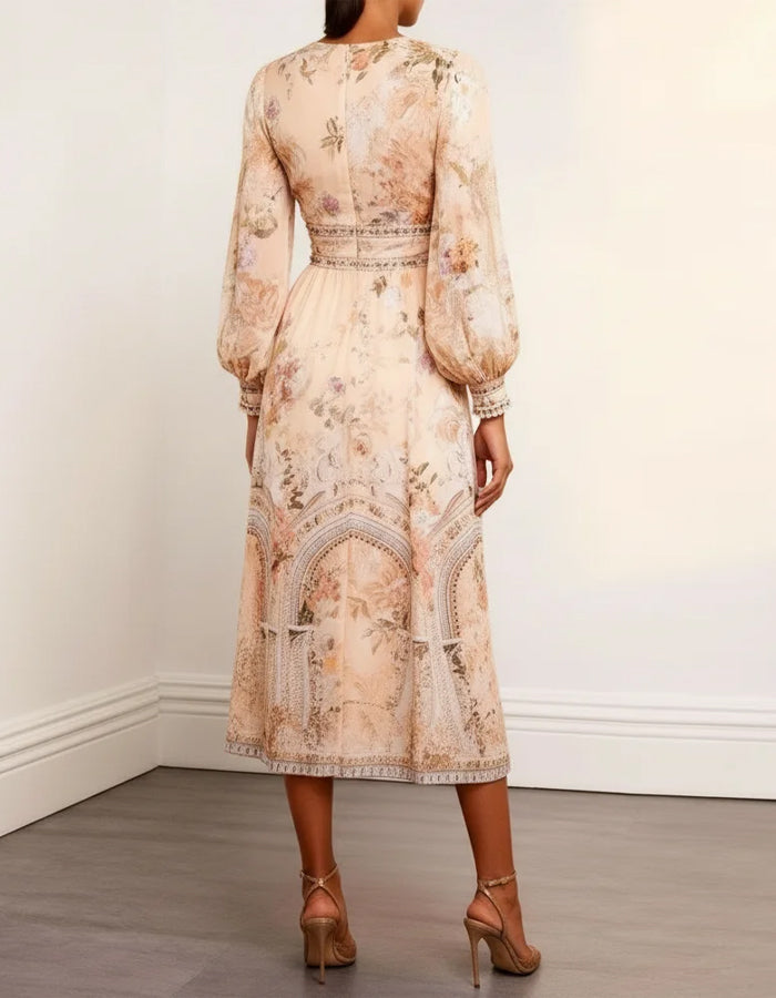 Vestido Midi Alperce de Chiffon com Estampa e Decote em V