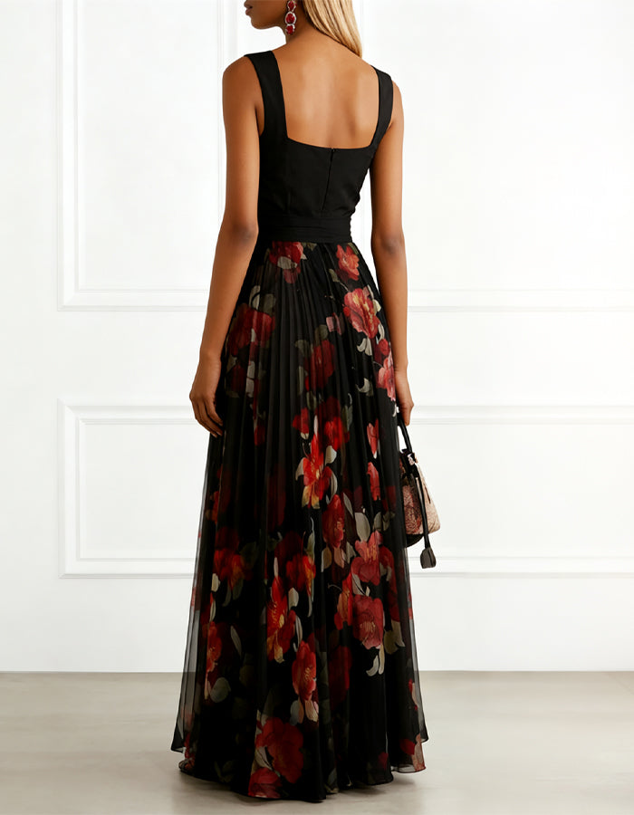 Vestido Maxi Preto com Alças e Estampa