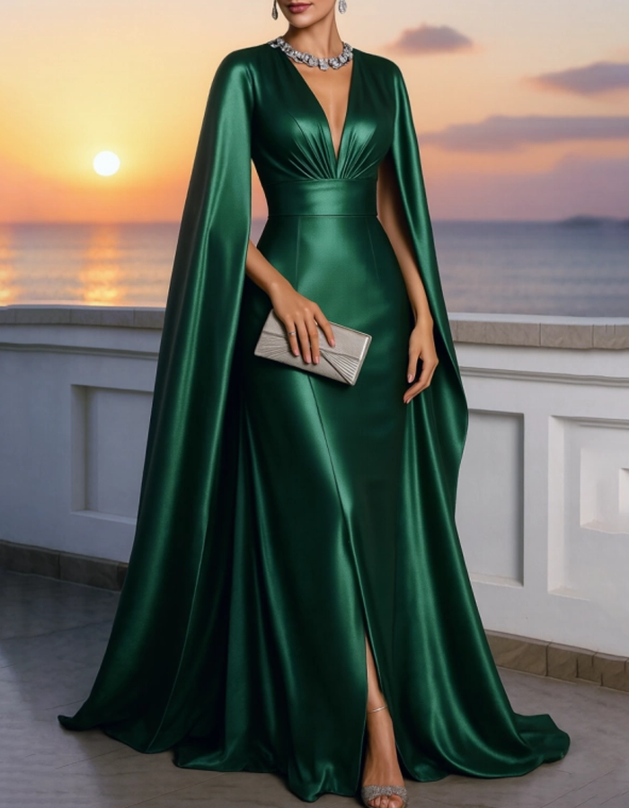 Rochie maxi cu efect de satin și aspect de pelerină