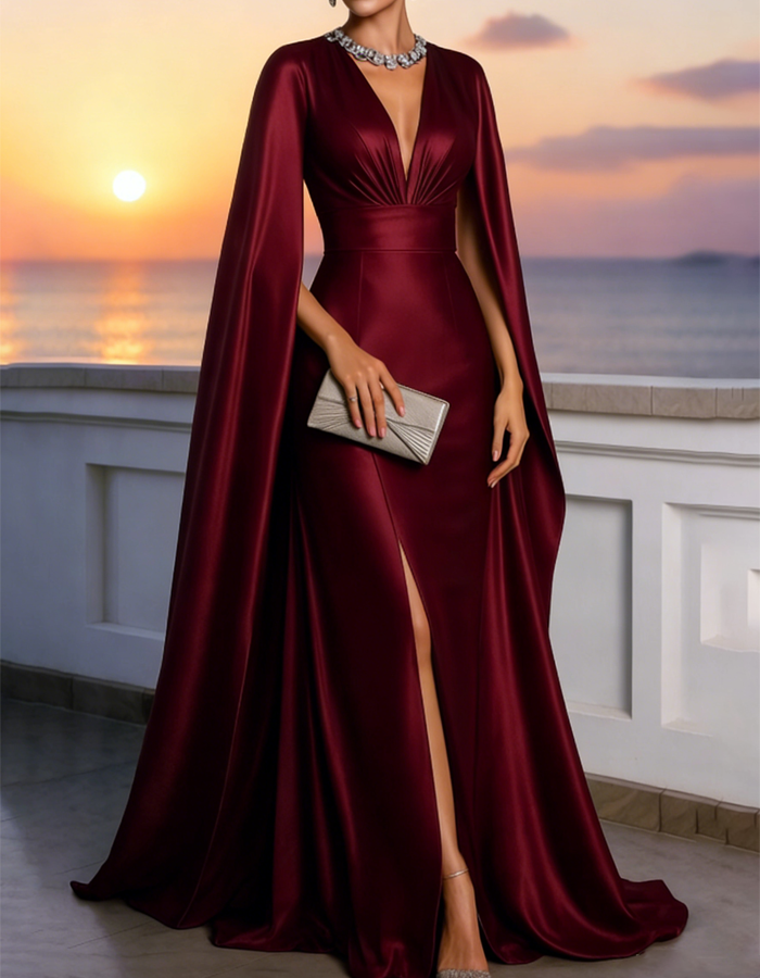 Rochie maxi cu efect de satin și aspect de pelerină