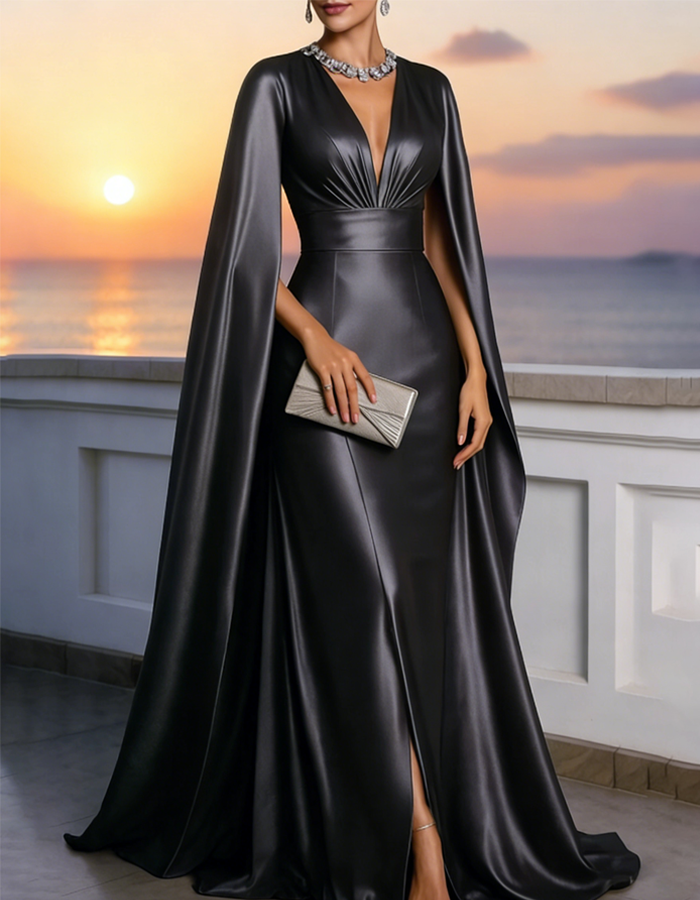 Rochie maxi cu efect de satin și aspect de pelerină