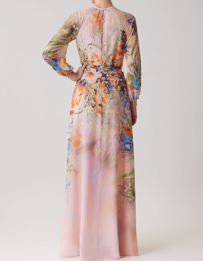 Vestido Maxi de Chiffon com Estampa Floral em Aquarela