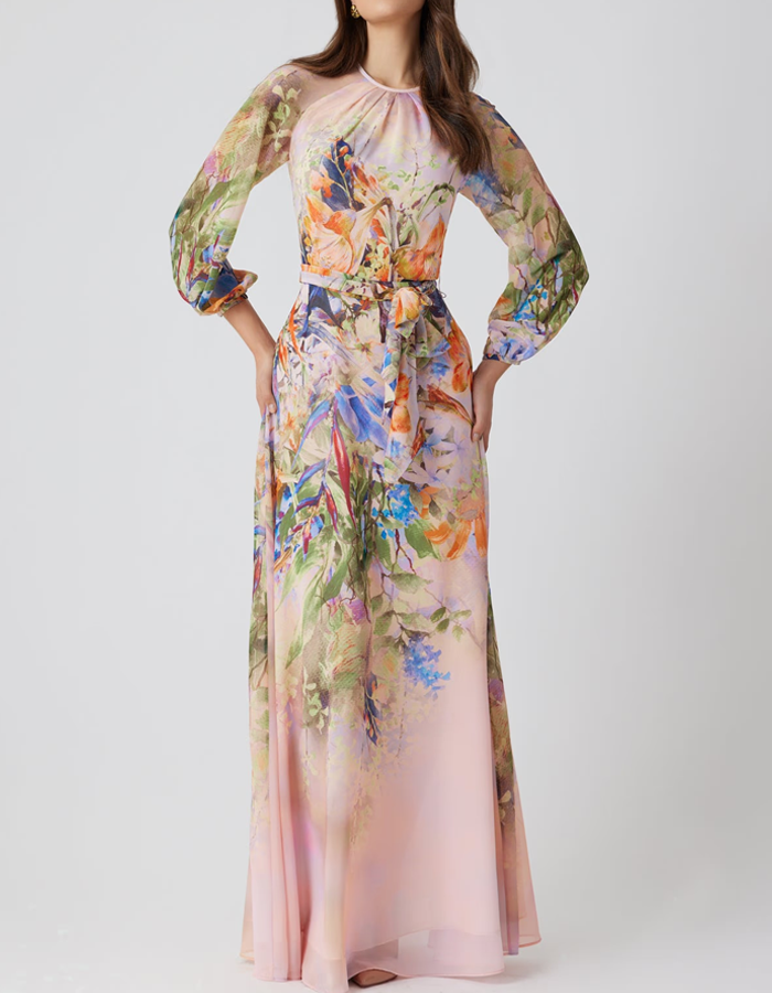 Vestido Maxi de Chiffon com Estampa Floral em Aquarela