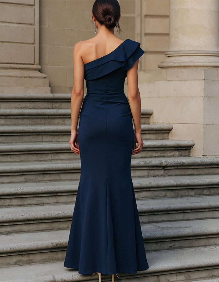 Navy Blue Off Shoulder Ruffled Fishtail Maxi Dress