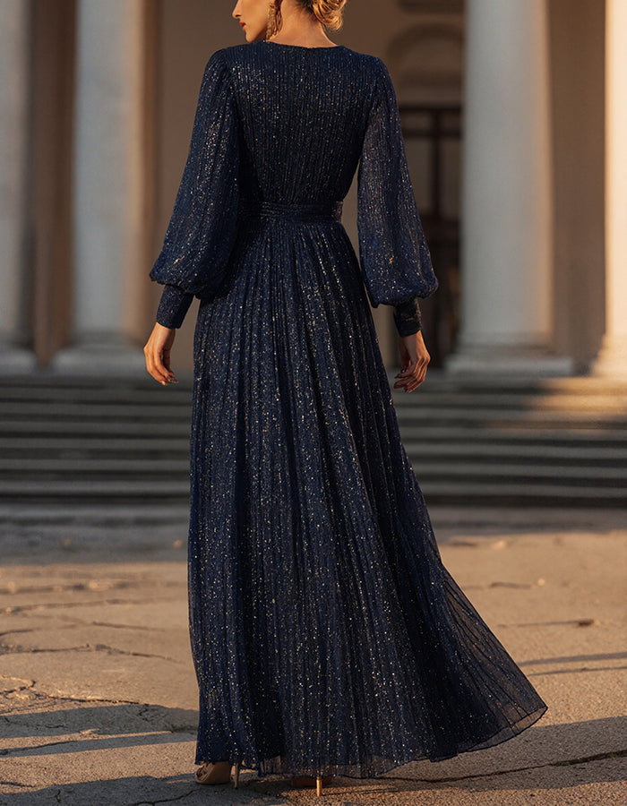 Robe maxi bleu marine à manches bouffantes dorées  