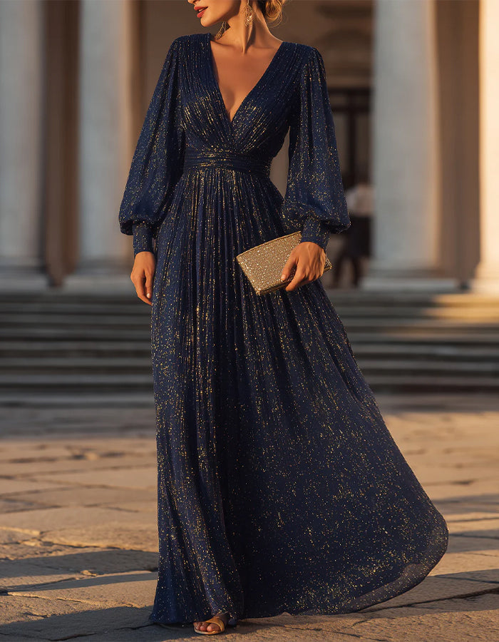 Vestido Maxi Azul Marinho com Mangas Bufantes Douradas