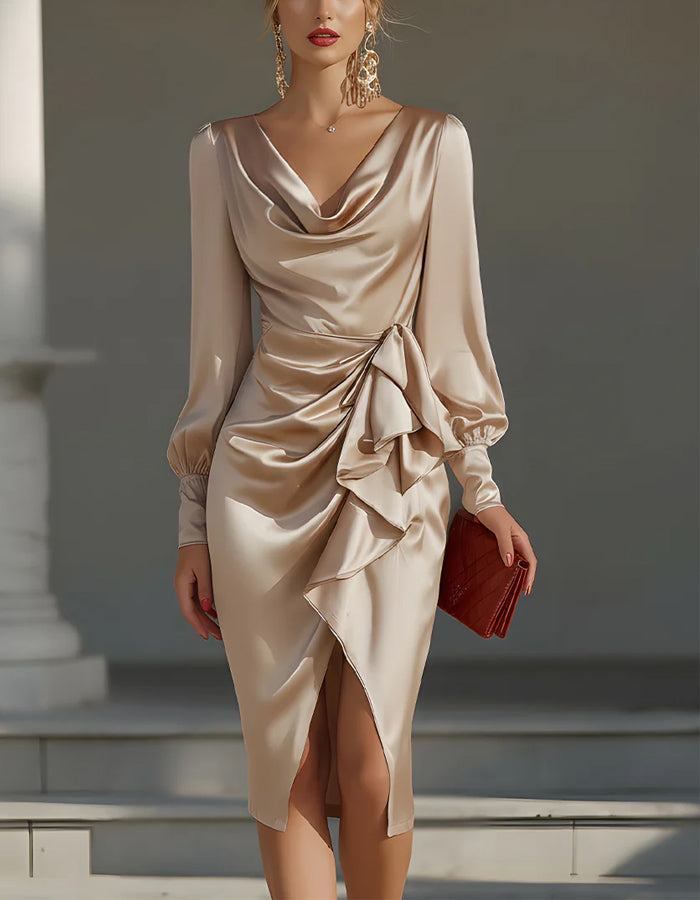 Rochie midi din satin șampanie, cu gât halter