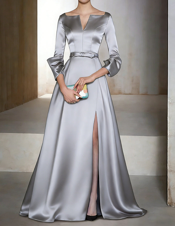 Vestido maxi de satén liso de manga larga con cuello en V