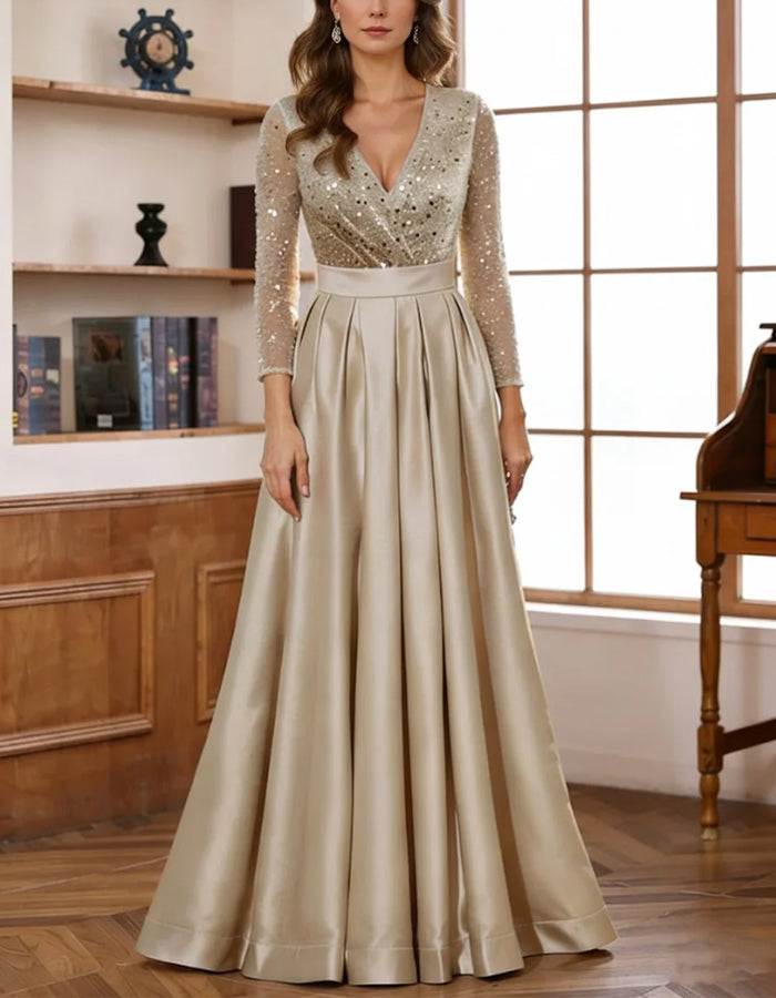 Rochie maxi din satin șampanie cu paiete