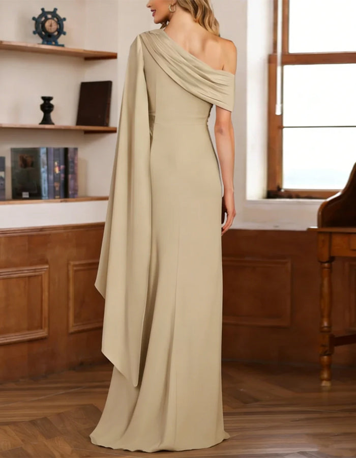 Champagne Satin Off Shoulder Pleated Maxi Dress
