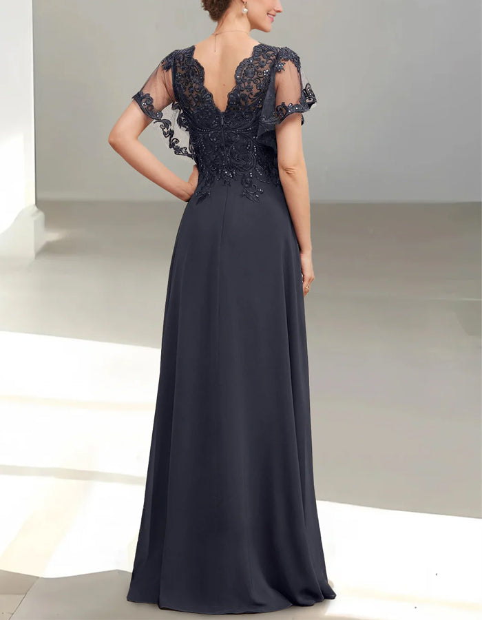 Rochie maxi cu decolteu în V, dantelă și chiffon albastru închis