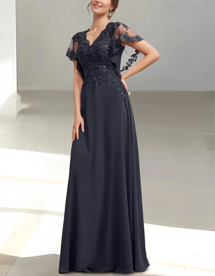 Robe maxi en dentelle et chiffon bleu marine à col en V