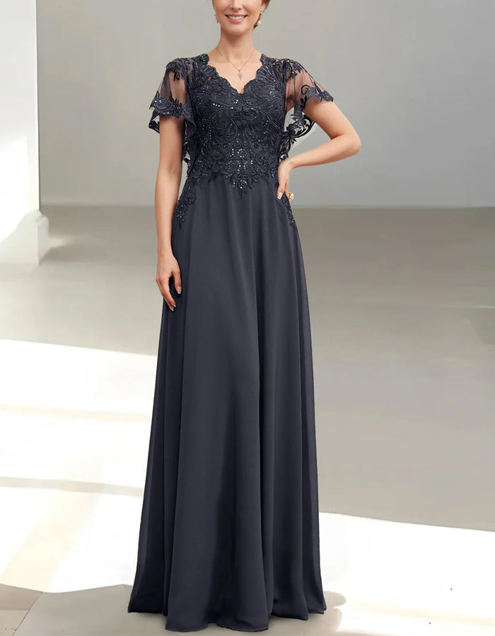 Maxikleid aus marineblauem Chiffon mit V-Ausschnitt und Spitze
