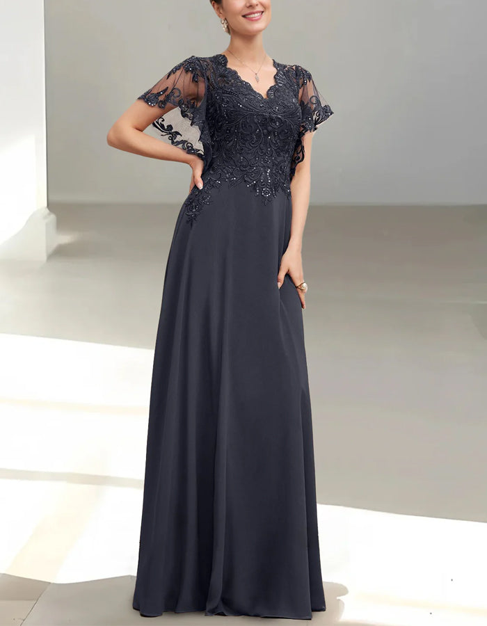 Rochie maxi cu decolteu în V, dantelă și chiffon albastru închis