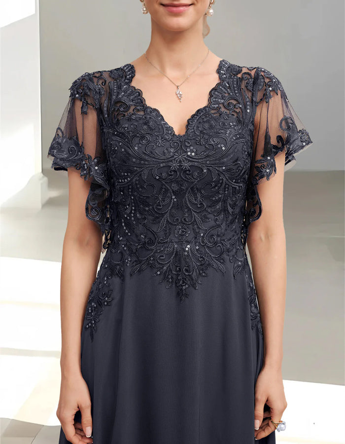 Rochie maxi cu decolteu în V, dantelă și chiffon albastru închis