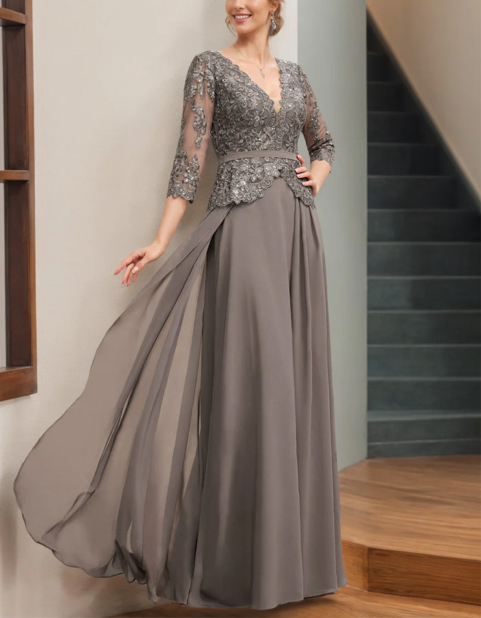 Vestido maxi de chiffon gris ahumado con encaje