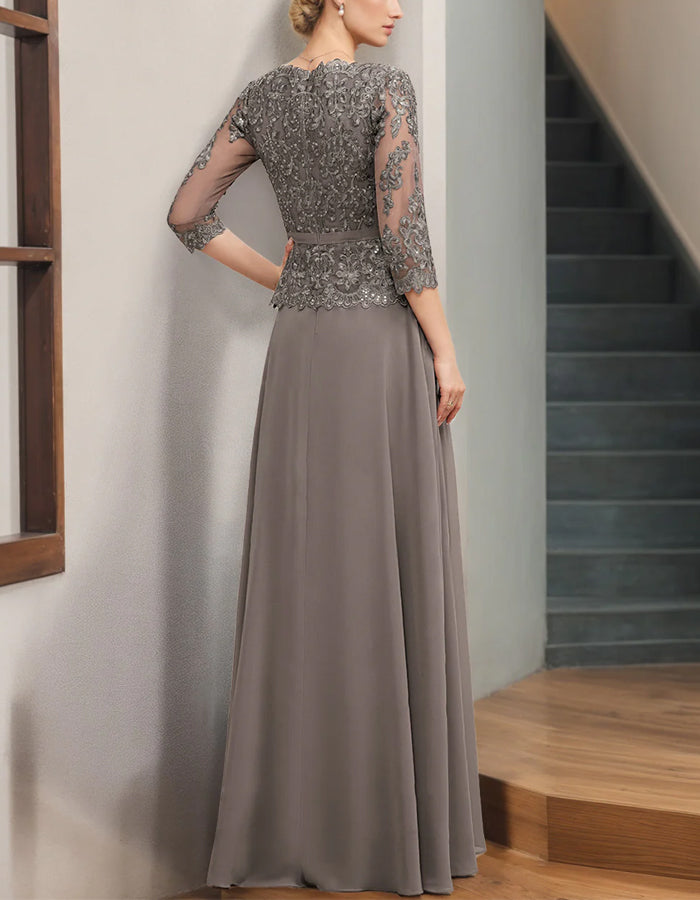 Rochie maxi din dantelă și chiffon gri fumuriu