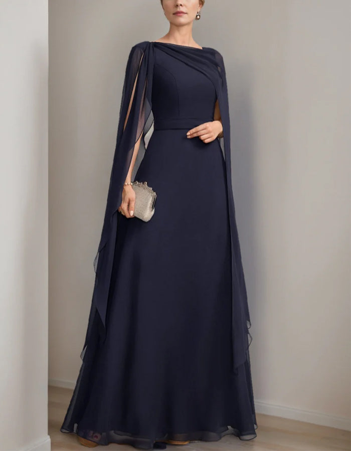 Robe maxi cape en chiffon bleu marine