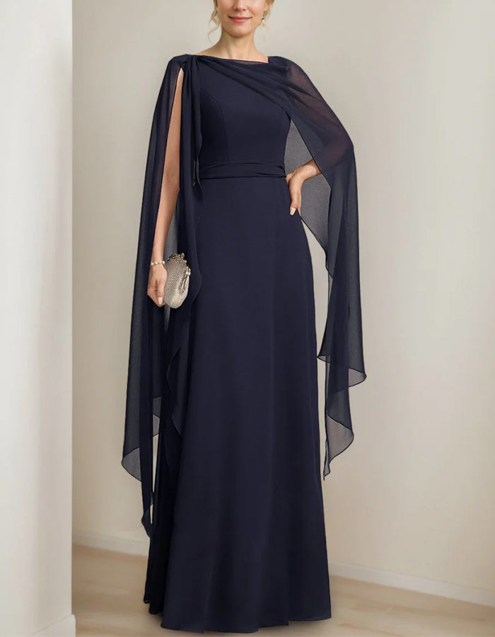 Maxikleid aus marineblauem Chiffon mit Cape-Design